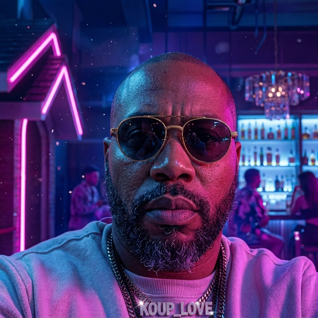 Koup Love portrait — neon-lit cinematic